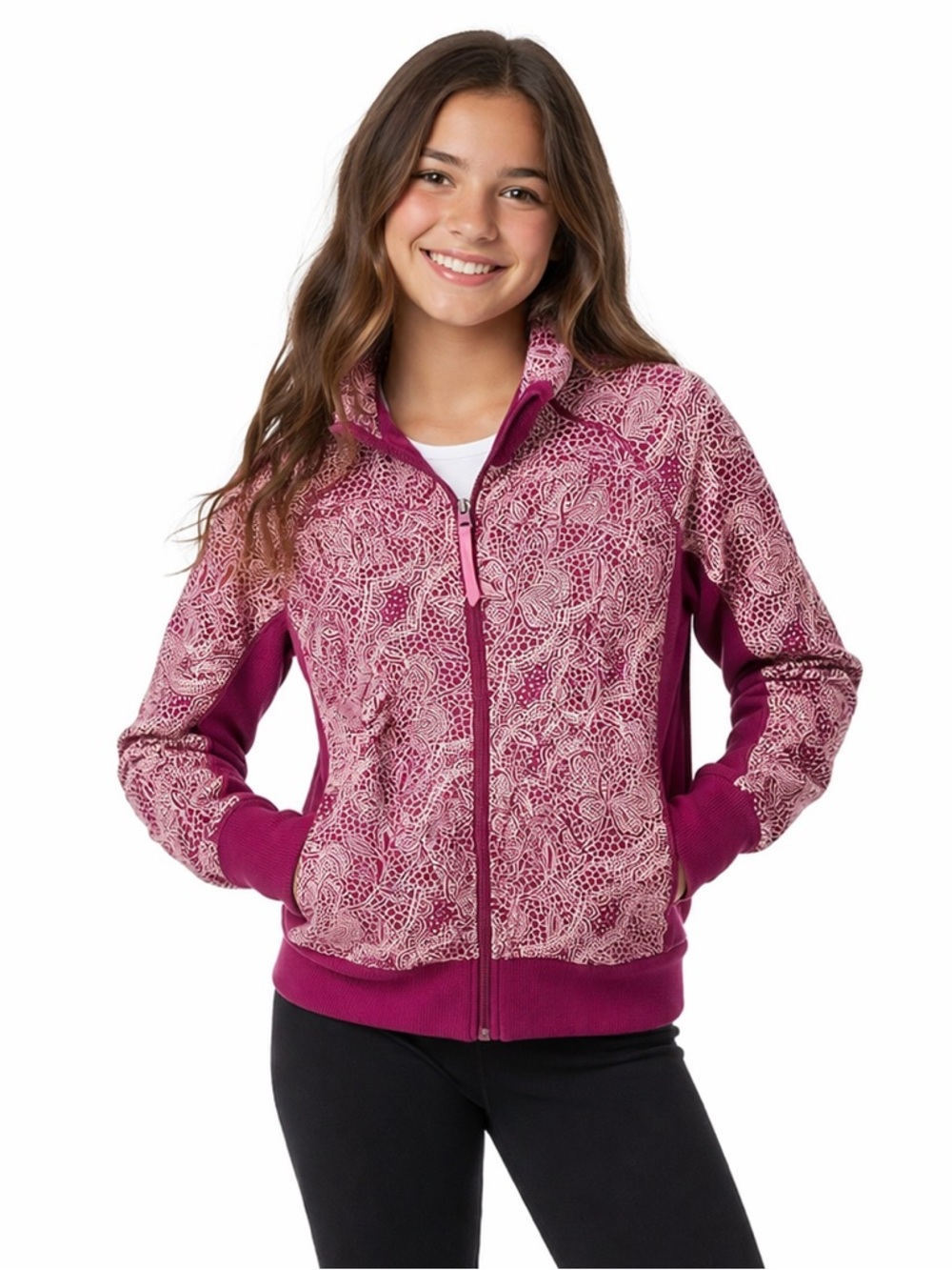 Ivivva Girls Size 14 Magenta Floral-Print Full-Zip Athleisure Lululemon Jacket